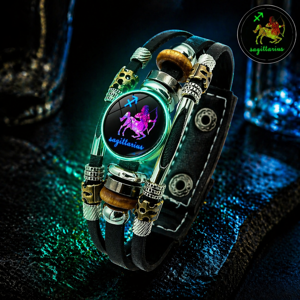 💥Buy 1 Get 1 FREE — Zodiac Guardian | Glow-in-the-Dark Leather Bracelet