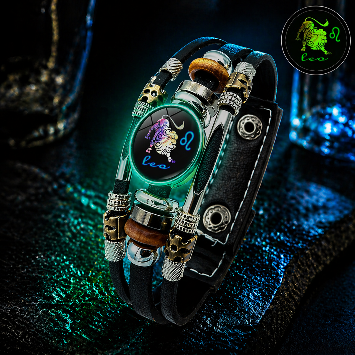 💥Buy 1 Get 1 FREE — Zodiac Guardian | Glow-in-the-Dark Leather Bracelet