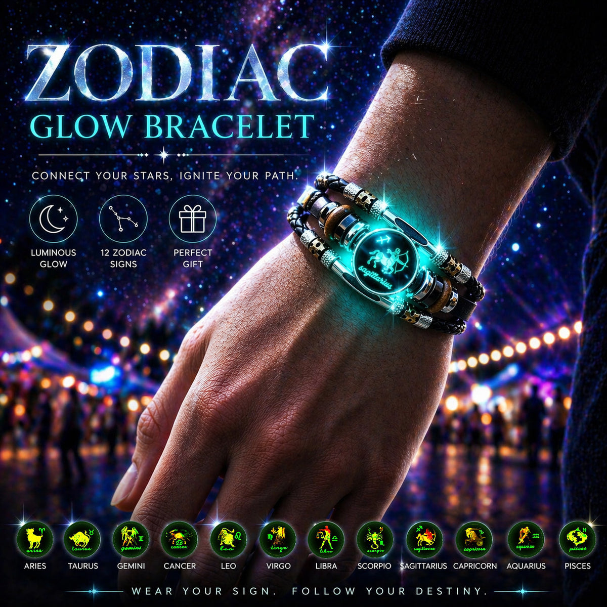 💥Buy 1 Get 1 FREE — Zodiac Guardian | Glow-in-the-Dark Leather Bracelet