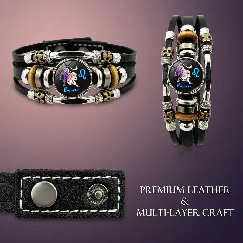 💥Buy 1 Get 1 FREE — Zodiac Guardian | Glow-in-the-Dark Leather Bracelet