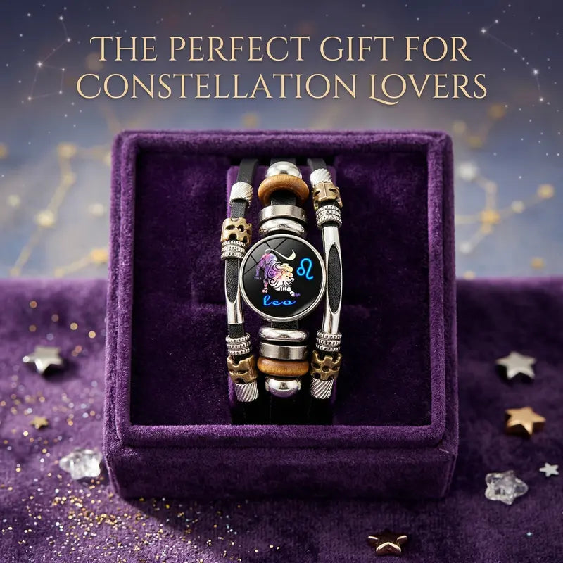 💥Buy 1 Get 1 FREE — Zodiac Guardian | Glow-in-the-Dark Leather Bracelet