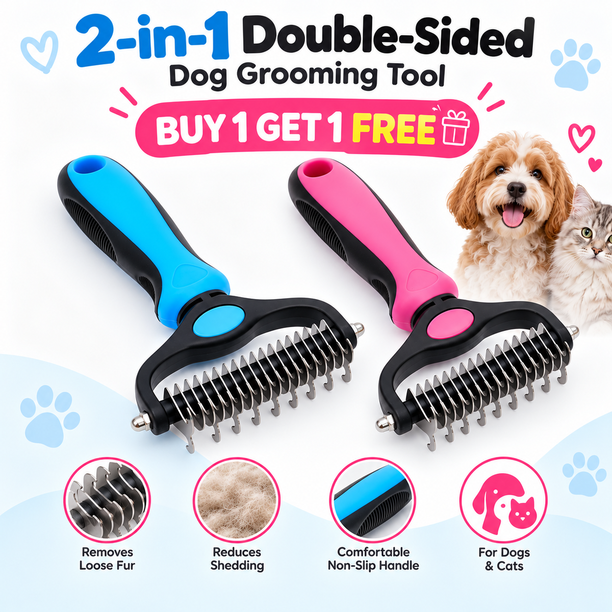 2-in-1 Double-Sided Large Dog & Cat Deshedding Brush – Dematting & Undercoat Rake