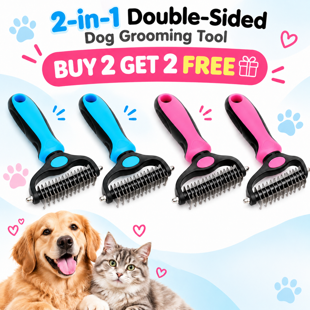 2-in-1 Double-Sided Large Dog & Cat Deshedding Brush – Dematting & Undercoat Rake