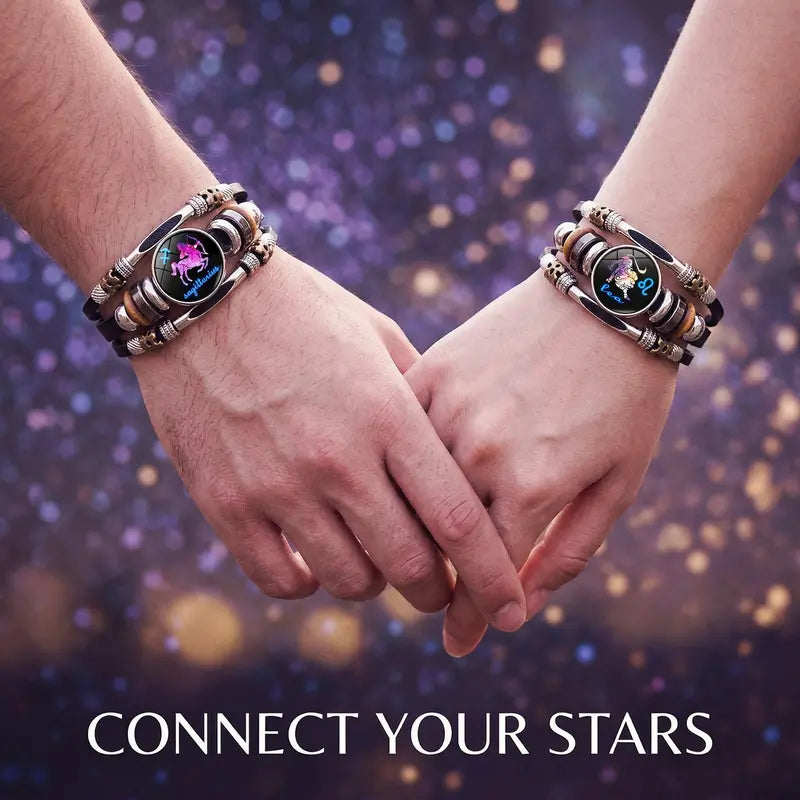 💥Buy 1 Get 1 FREE — Zodiac Guardian | Glow-in-the-Dark Leather Bracelet