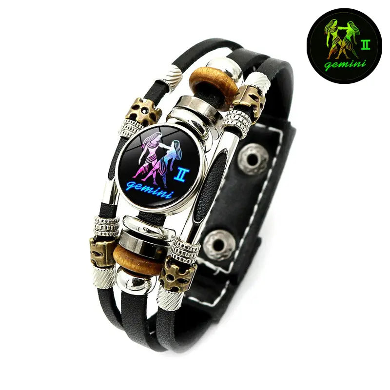 Dark 12 Leather Zodiac Bracelet for Men and Women